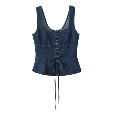 2025 Sexy Square Collar Blue Denim Camis Sexy Corset Women Front Cross Lacing up Bandage Bow Tank Tops Back Zipper Slim Crop Top