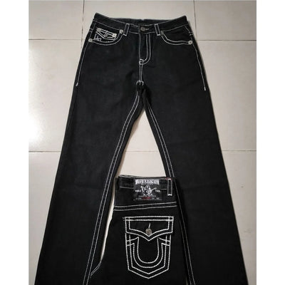 High Waisted Y2k Jeans Retro Blue Ripped Jeans for Women Line Sewn Gothic Punk Trumpet Jeans Casual Slim Streetwear Trousers
