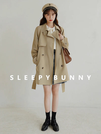 Women Spring Fall Short Trench Coat Korean Style Loose Fit Casual Khaki Jacket Petite-Friendly Versatile and Stylish Outerwear
