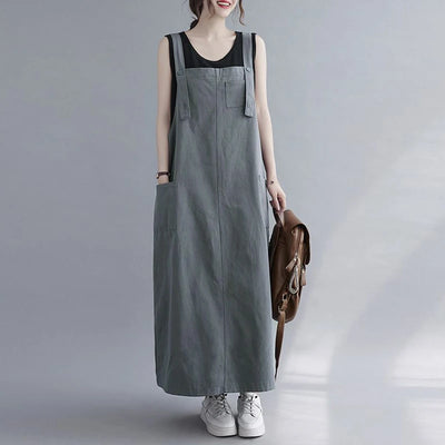 Women Sleeveless Maxi Dress Fashion Workwear Pockets Vestidos 2023 Summer Adjustable Shoulder Straps Dresses Streetwear