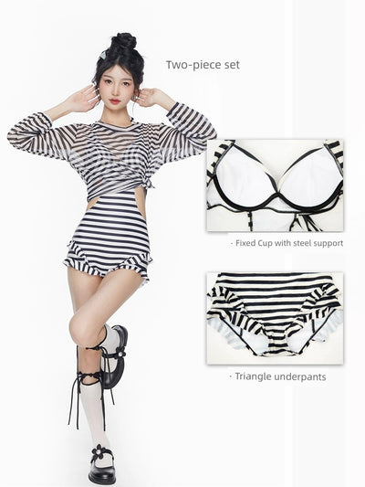2025 New Arrival Sexy Swimsuit Women's Summer Push up Stripes Siamese Triangle Bikini Long Sleeves Blouse Flab Hiding Vacation