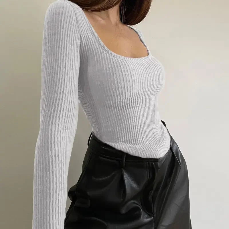 Women's Sexy Low-cut Babes Top Y2k Boho Long Sleeve T-shirt Slim Short Bottom Shirt Korean Skinny Crop Tops Spring and Summer