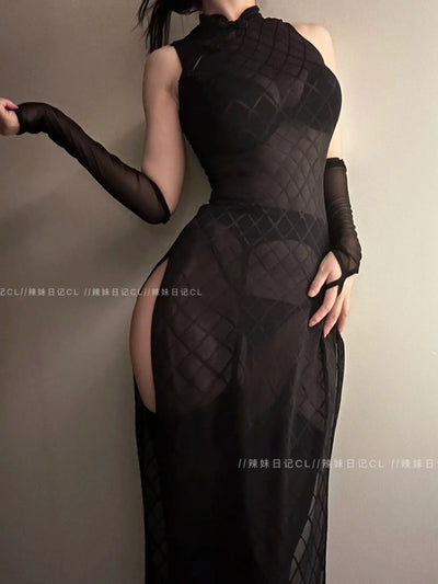 Chinese WOMENGAGA Spicy Girl Cheongsam Mesh Lace Transparent Sexy High Split Mini Dress Hot Sexy Women Tops 2023 New 323L