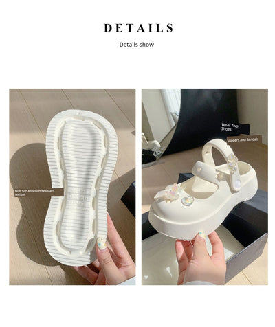 Thin Strip Sweet Rhinestone Mary Jane Sandals Fairy Style Fashion Summer Outwear Holiday Sandals Hole Shoes