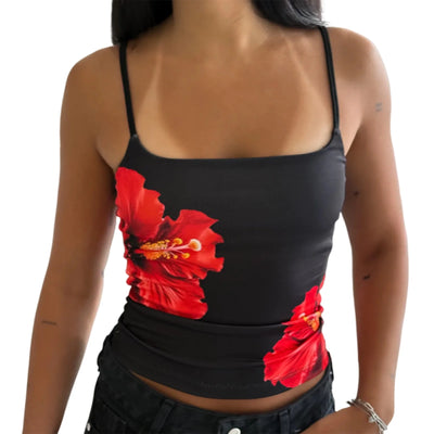 Y2K Aesthetic Women Floral Print Tanks Fairy Grunge Sleeveless Spaghetti Strap Slim Fits Camisole Mini Chic Vest Streetwear ﻿
