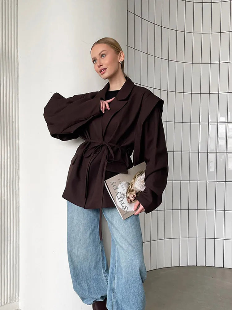 Retro Brown Belted Blazer Coats Women's Fashion Lapel One Button Oversized Jackets 2025 Autumn Office Commute Street Outerwears