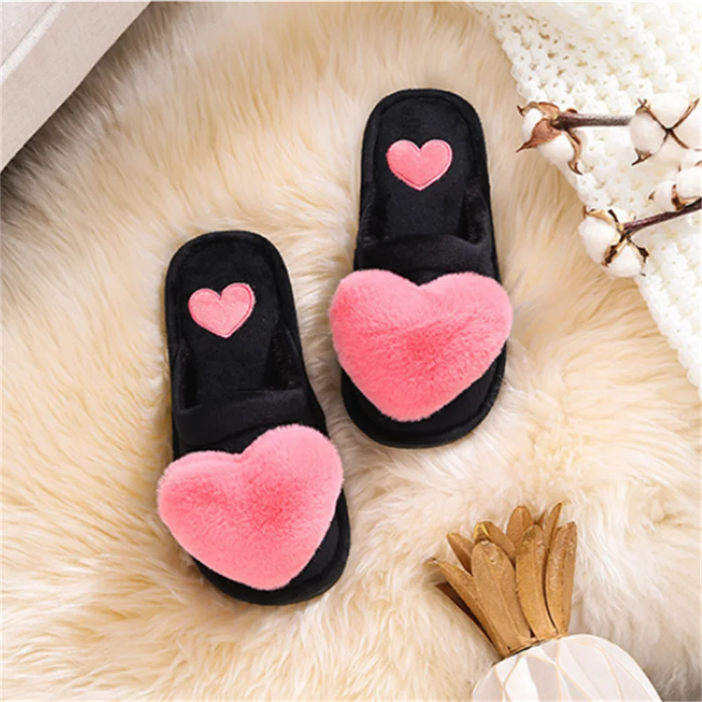 Women Indoor Warm Home Slippers Bedroom Cute Heart Pattern Non-slip Soft Comfort Plush House Slippers Shoes Autumn Winter