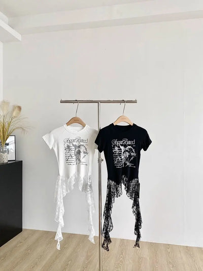 Y2K Brand Cute Deer Graphic Crop Top White Lace Ruffles Tassels Skirt T-shirts Punk Hip Hop E-girl Sexy Club Summer Tees Casual