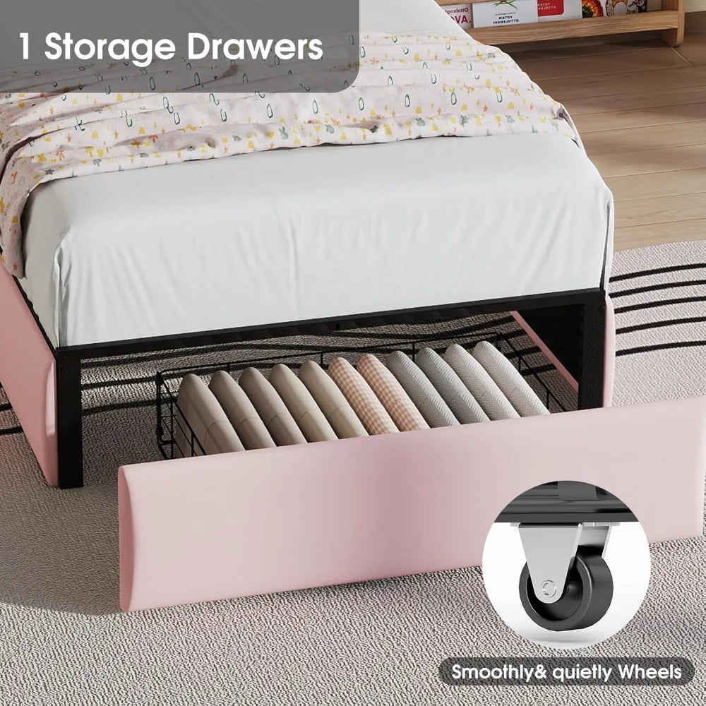 Upholstered LED Bed Frame with Storage Drawer, Cute Girls Bed with Petal-Shaped Headboard, Velvet Princess Platform Bed Frame