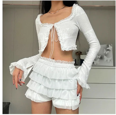 Hot Sale Women's Dress Sets for 2024 Autumn featuring Sexy V-Neck Knitted Cardigan and Sweet Lotus Leaf Hem Shorts