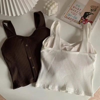 Women's Ribbed Tank Tops Y2K Cropped Tops with Bra Pads Knitted Button Down Suspenders Vest Sexy Camisole Female Short Tops