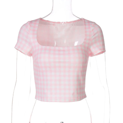 Square Collar Short Sleeve Bodycon Plaid Print T-Shirt