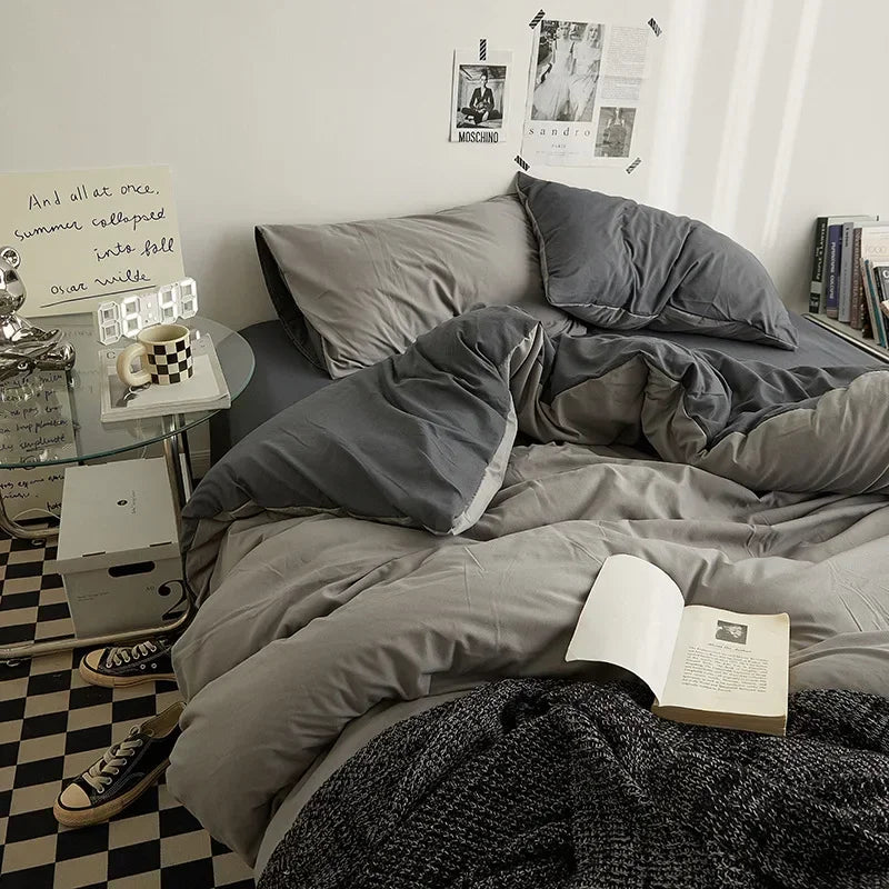 High Quality  Solid Color Double Washed Cotton Bedding 4 Pieces Set Student Dormitory Bed Linen Duvet Set Bed Suit