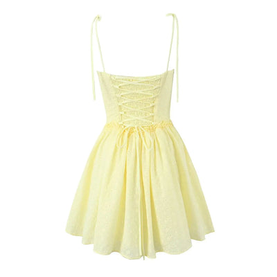 2024 Sexy Yellow Hollow out Embroidery Lace Cotton Corset Style Bow Sling Dress Women Low Waist Ball Gown Swing Mini Party Robe