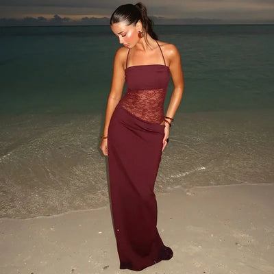 Sexy Bandage Mesh Patchwork Long Dress for Women Lace-up See-through Asymmetrical Evening Party Dresses Lady Gowns High Street