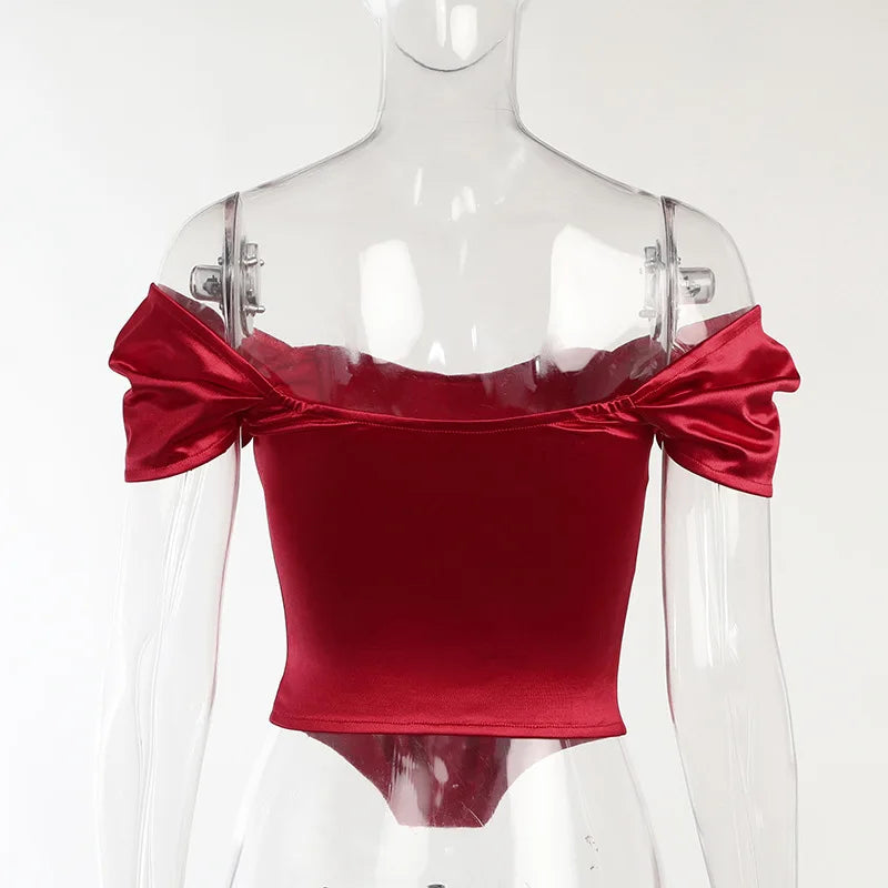 Cryptographic Off Shoulder Satin Sexy Backless Bustier Corset Crop Tops Women Sleeveless Summer Top Cropped Club Fashion Outfits
