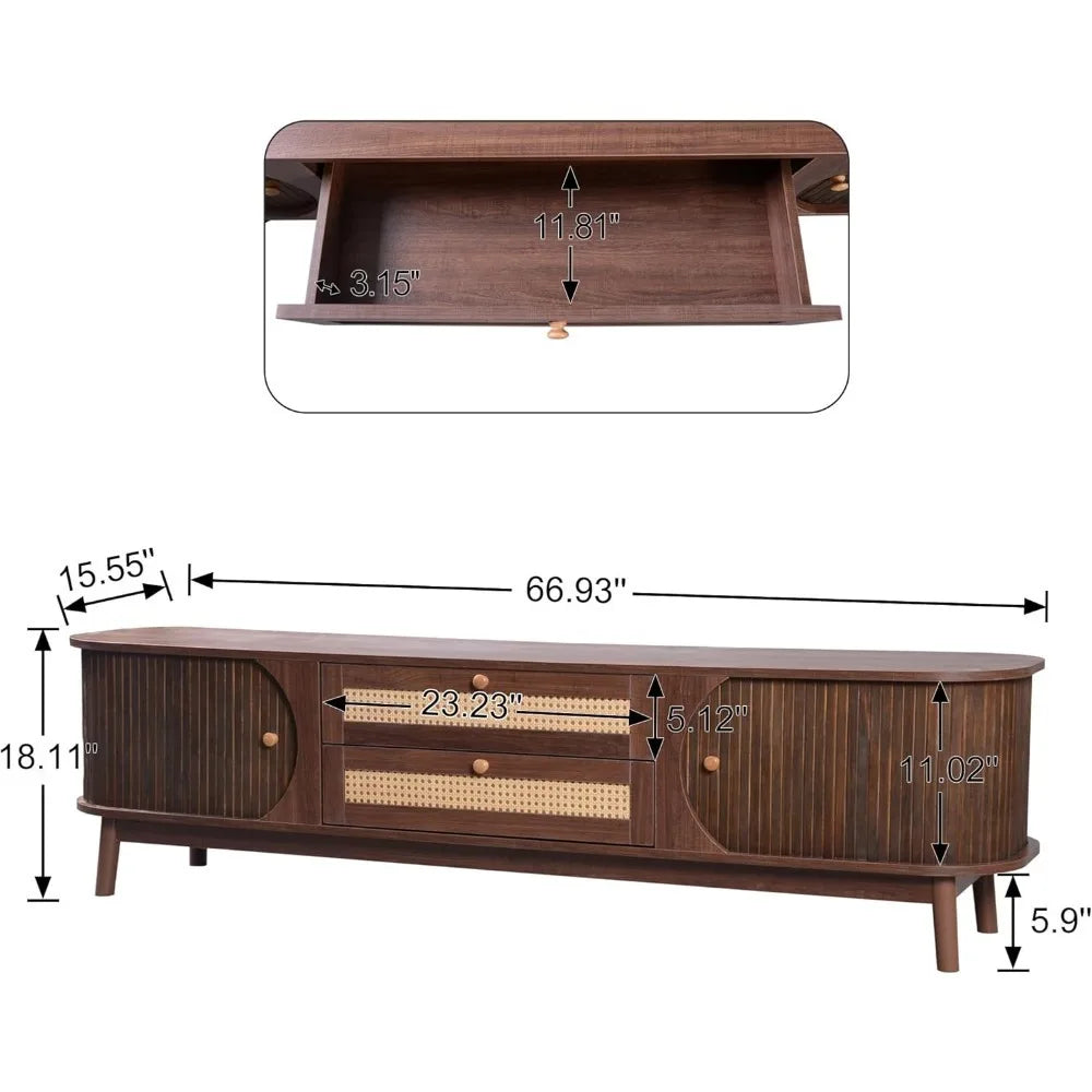 Modern Fluted TV Stand for 75" TVs – Mid-Century Entertainment Center with Tambour Door & Rattan-Fronted Media Console