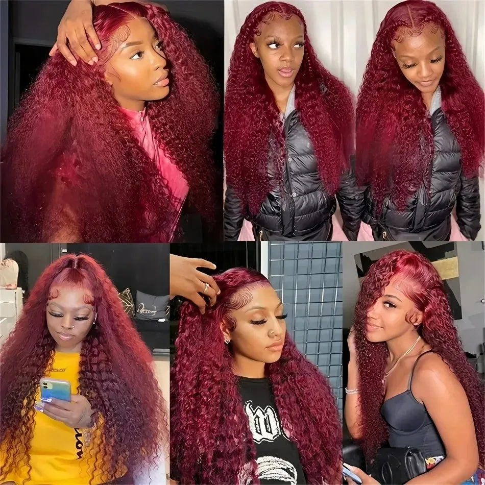 Curly 99J Burgundy 30 Inch Deep Wave 13x4 Lace Front Wig Wet And Wavy Red Colored wigs HD Lace Frontal 100% Human Hair Wigs