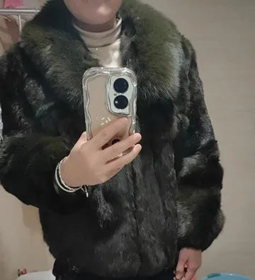 Real Rabbit Fur Coat Women Autumn Winter Short Jacket Thick Warm New Fashion Fox Fur Collar Elegant Female Warm Outerwear
