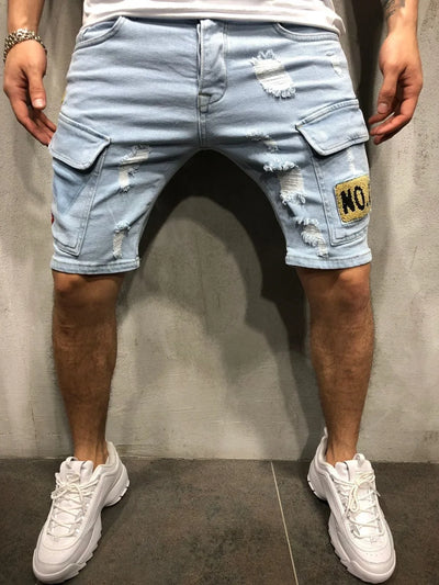 2025 Men's Summer Short Jeans High Stretch Fashion Casual Denim Shorts Male Slim Fit Elastic Badge Pockets Hole Shorts for Men