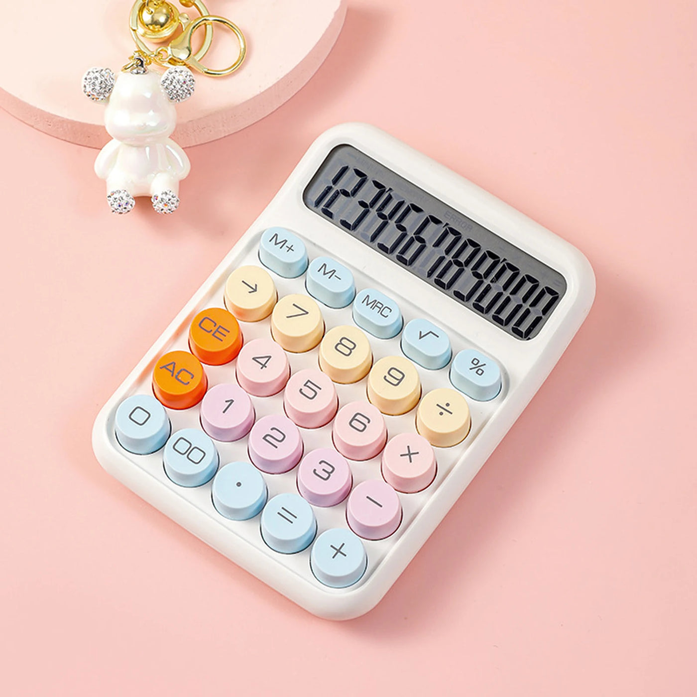 Mechanical Calculator 12 Digit Large LCD Display Big Round Button Cute Candy Colored Calculator Suitable for Office School Home