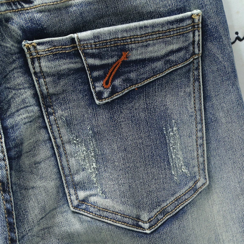 Retro Men's Jeans Slim Elastic Spliced zipper Skinny Pencil Trousers Harajuku Hip-hop Rock Motorcycle Denim Pants Streetwear
