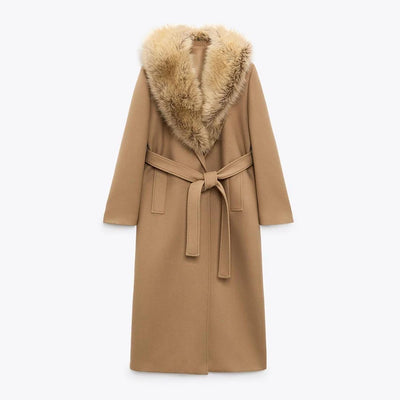 Elegant Fur Lapel Long Coat Women With Belt Woolen Full Sleeve Lace Up Loose Thicken Overcoat 2025 Spring Solid Pocket Outwear