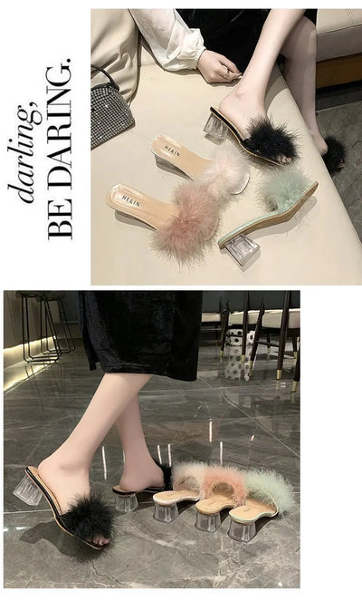 Mules Sandal Women Summer Outdoor Fashion Slippers Square Toe High Heels Office Ladies Feather Slides Chic Classics Furry Shoes