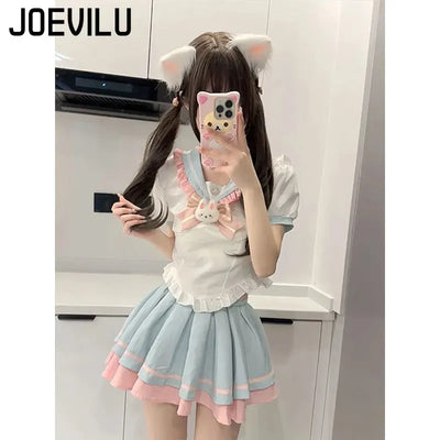 Y2k Sweet Style Skirt Set Bow Tie Peter Pan Collar Top High-Waist Puffy Skirt 2 Piece Set Summer Preppy JK Sailor Uniform Outfit