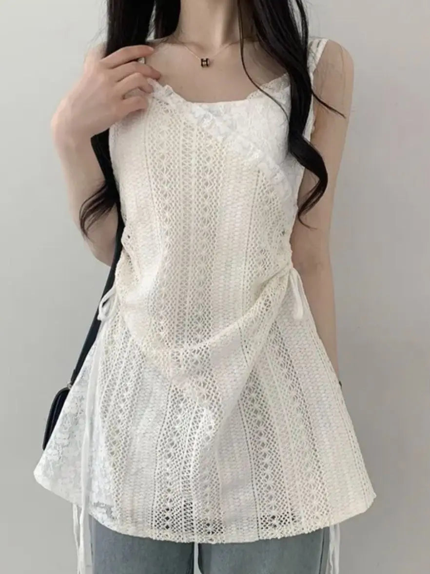 Hot Girl Korean Style Drawstring Lace-up Waist Lace Short Suspender Dresses + White Inner Wear Bottoming Sling Top Two-piece Set