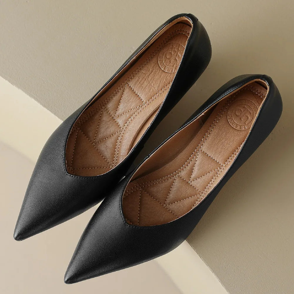 plus size 34-42 women's genuine leather 4.5cm kitten heel pointed toe slip-on pumps elegant ladies low heeled shoes