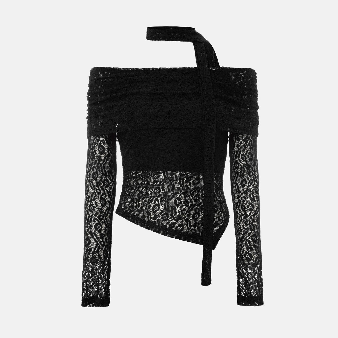 Women’s See-Through Fitted Long Sleeve Shirt Off Shoulder Lace Tops Long Sleeve Solid Color Ruched T-Shirt Blouse with Scarf
