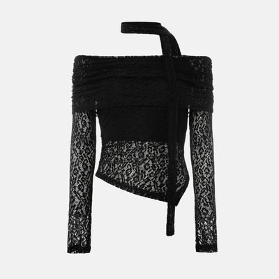 Women’s See-Through Fitted Long Sleeve Shirt Off Shoulder Lace Tops Long Sleeve Solid Color Ruched T-Shirt Blouse with Scarf