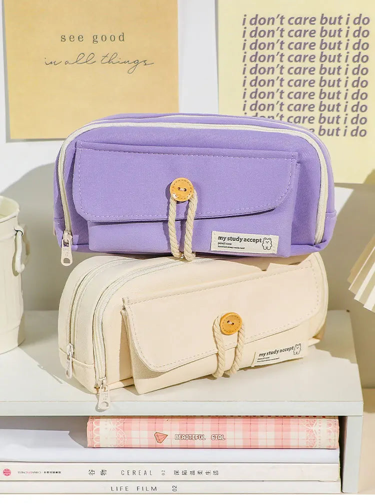 Cute And Convenient Canvas Pencil Case Large Opening Capacity for Student Supplies Cosmetics Travel Handbag 1pc