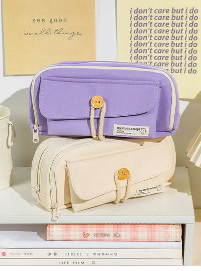 Cute And Convenient Canvas Pencil Case Large Opening Capacity for Student Supplies Cosmetics Travel Handbag 1pc