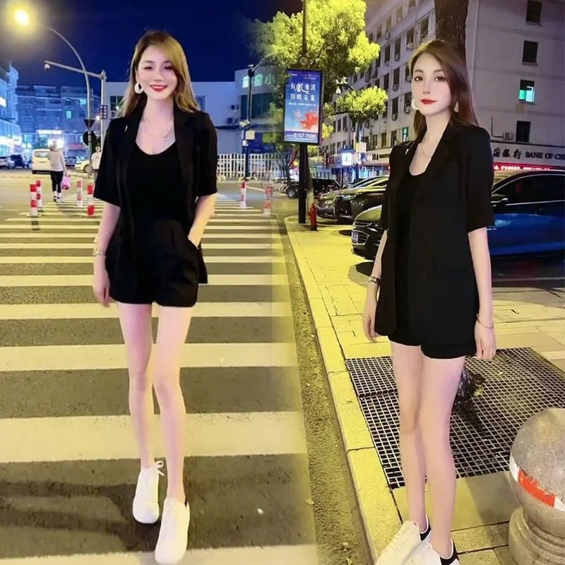 Women's 2025 New Summer High-end Fashion Outfits And Suit Collar Short Sleeve Solid Coat Pop Shorts Two Piece Set Women Clothing