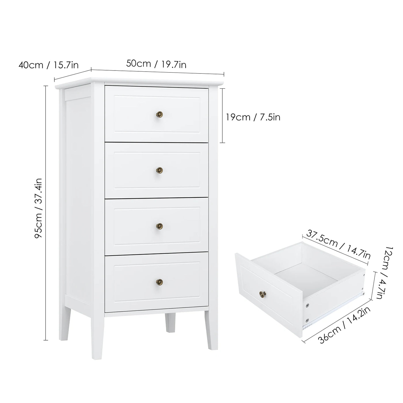 Small Chest of Drawers, Bedroom Storage Cabinet, White Bedside Table, Wooden 50x40x95cm
