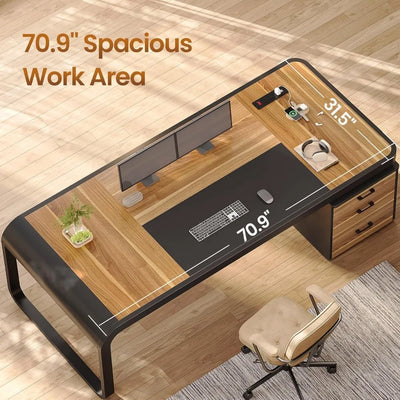 70.9" Executive Desk, Office Desk with Drawers and Lateral File Cabinet, Computer Desk with Removable Shelves and Power Outlet,