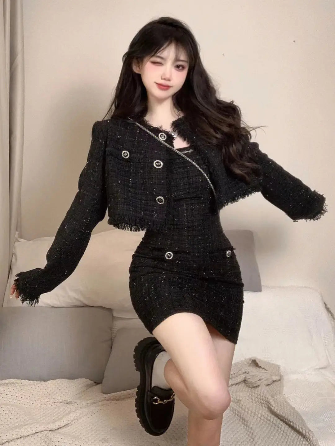 Korean Fashion Short Coat Autumn/Winter New Strap Camisole Dress Wrap Hip Slim Mini Dress Spicy Girl Two Piece Set Women Outfits