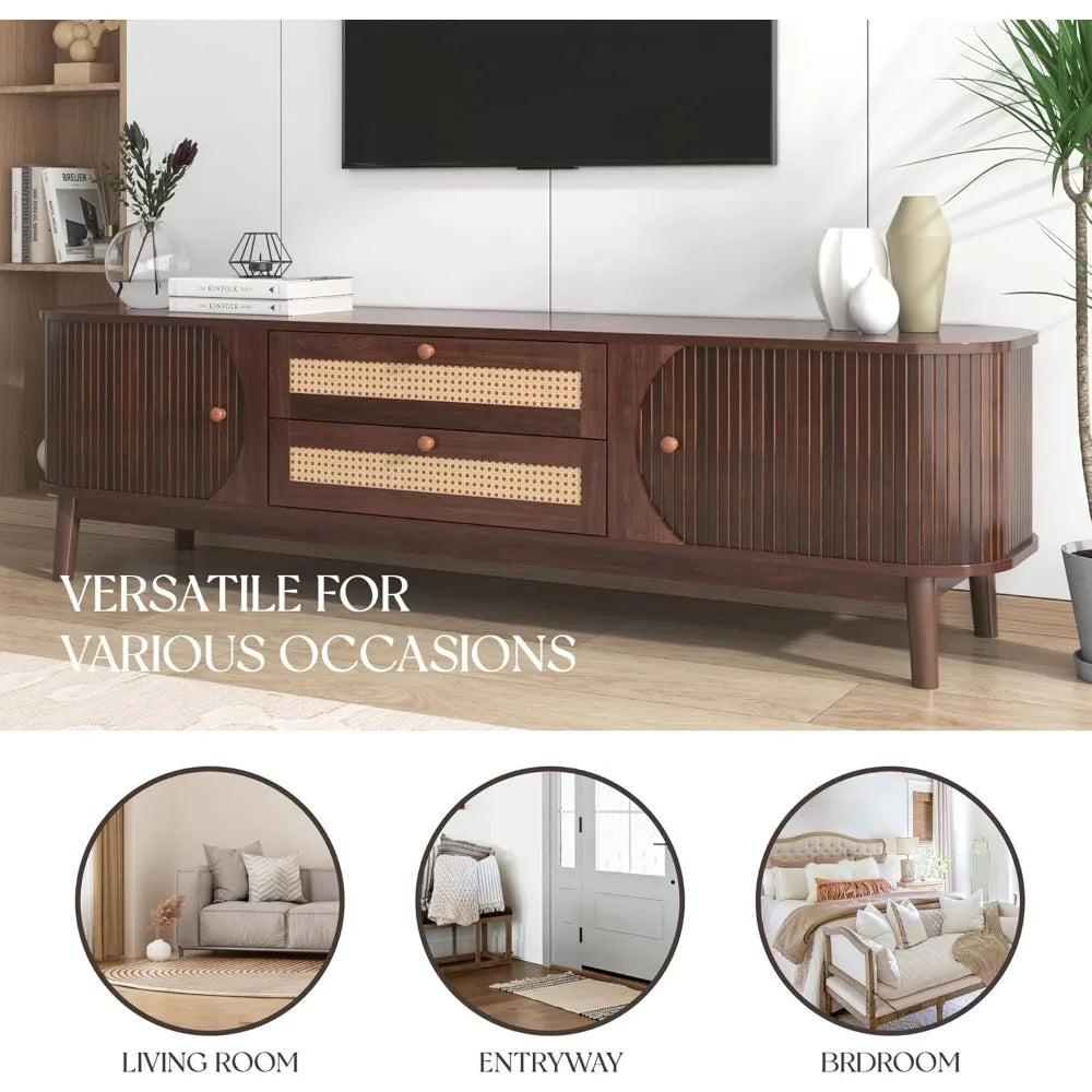 Modern Fluted TV Stand for 75" TVs – Mid-Century Entertainment Center with Tambour Door & Rattan-Fronted Media Console