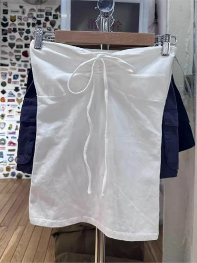 Solid Cotton Drawstring Strapless Tank Tops Women Streetwear Side Split Slim Cropped Vest Summer Sweet Vintage Chic Camis Y2K