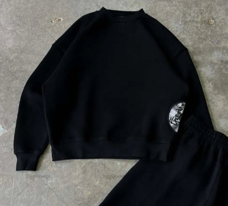 American High Street Fashion Long Sleeve Shorts Suit Men Y2k Tide Goth Punk Rock Casual Oversized T-shirt Wide Leg Pants Women
