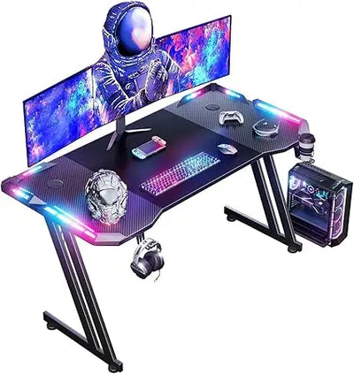 120 x 60 cm LED Gaming Desk, Large Gaming Desk with Carbon Fibre Tray, Ergonomic Computer Desk with Mouse Pad