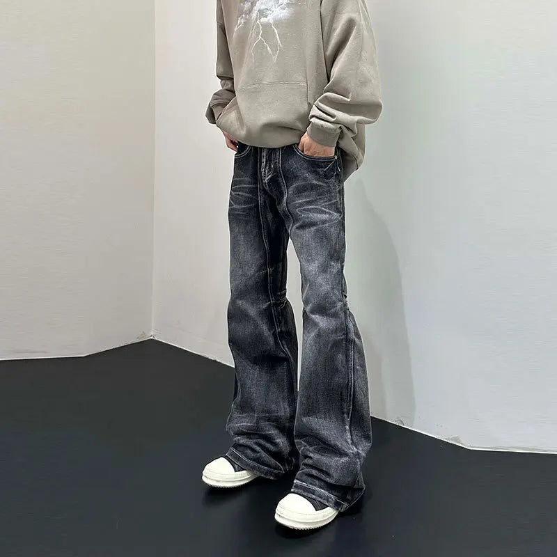 Men Flare Pants Denim Pant Floor Length Jeans Casual Regular Pockets Button Zipper High Waist Autumn Splice Straight Trousers