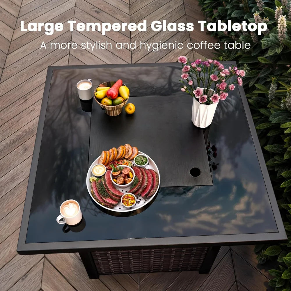 Propane Outdoor Fire Pit Table, 28" Rattan Square Fire Pit Table, Outdoor Gas FirePit W/Glass Wind Guard