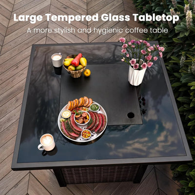 Propane Outdoor Fire Pit Table, 28" Rattan Square Fire Pit Table, Outdoor Gas FirePit W/Glass Wind Guard