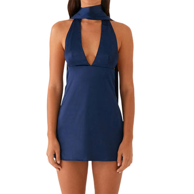Women's Halter Dress with Collar Stylish Solid/Floral Print Deep V Neck Sleeveless Mini A-Line Dress 2 Pcs Set