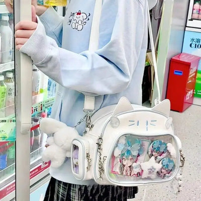 JIAERDI Kawaii Cat Ita Bag Lolita Y2K Backpack Female Cute PU Shoulder Bag Girl Transparent Pocket Harajuku Crossbody Bag Women