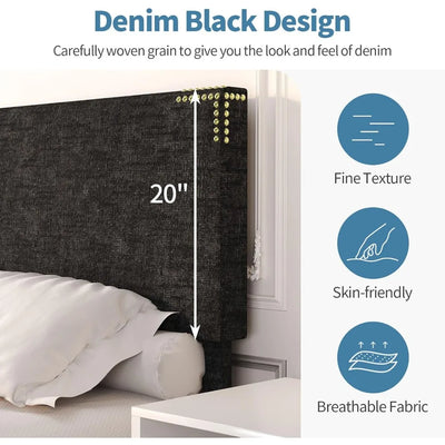 Bed Frames, Denim Texture Upholstered Bed Frame Full with Rivet Decorate Headboard and Headboard, Gold-Colored