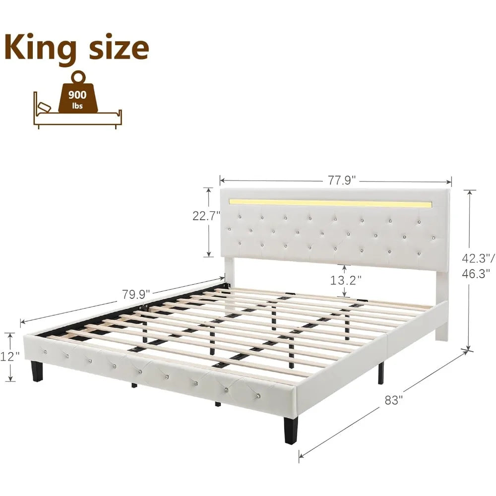 Bed Frame with LED Lights, Upholstered Platform Bed Frame, Adjustable Headboard with Charging Station, Wooden Slats Support